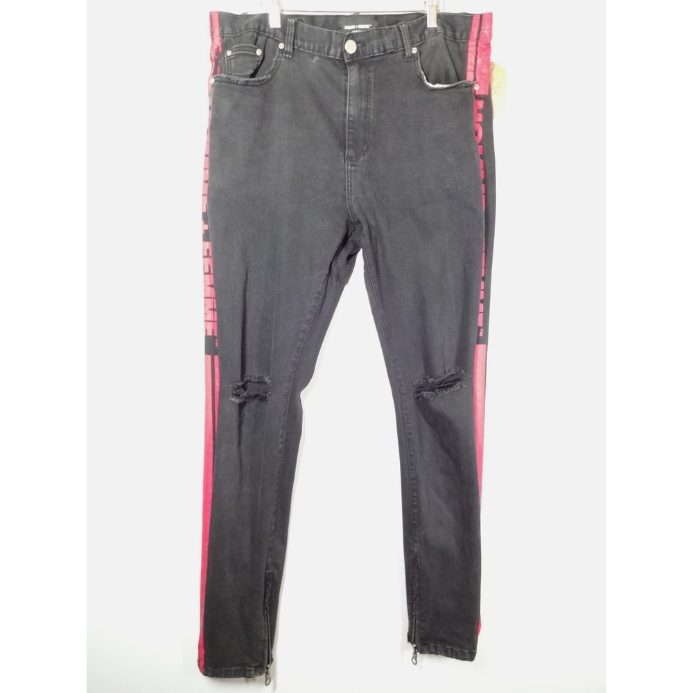 Homme + Femme Skinny Jeans Mens XL Black Red Side Stripe Distressed Streetwear‎